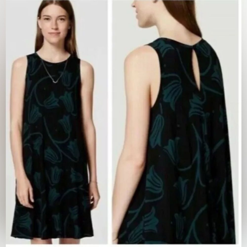 Ann Taylor Loft black and dark green buttercup floral swing dress size small